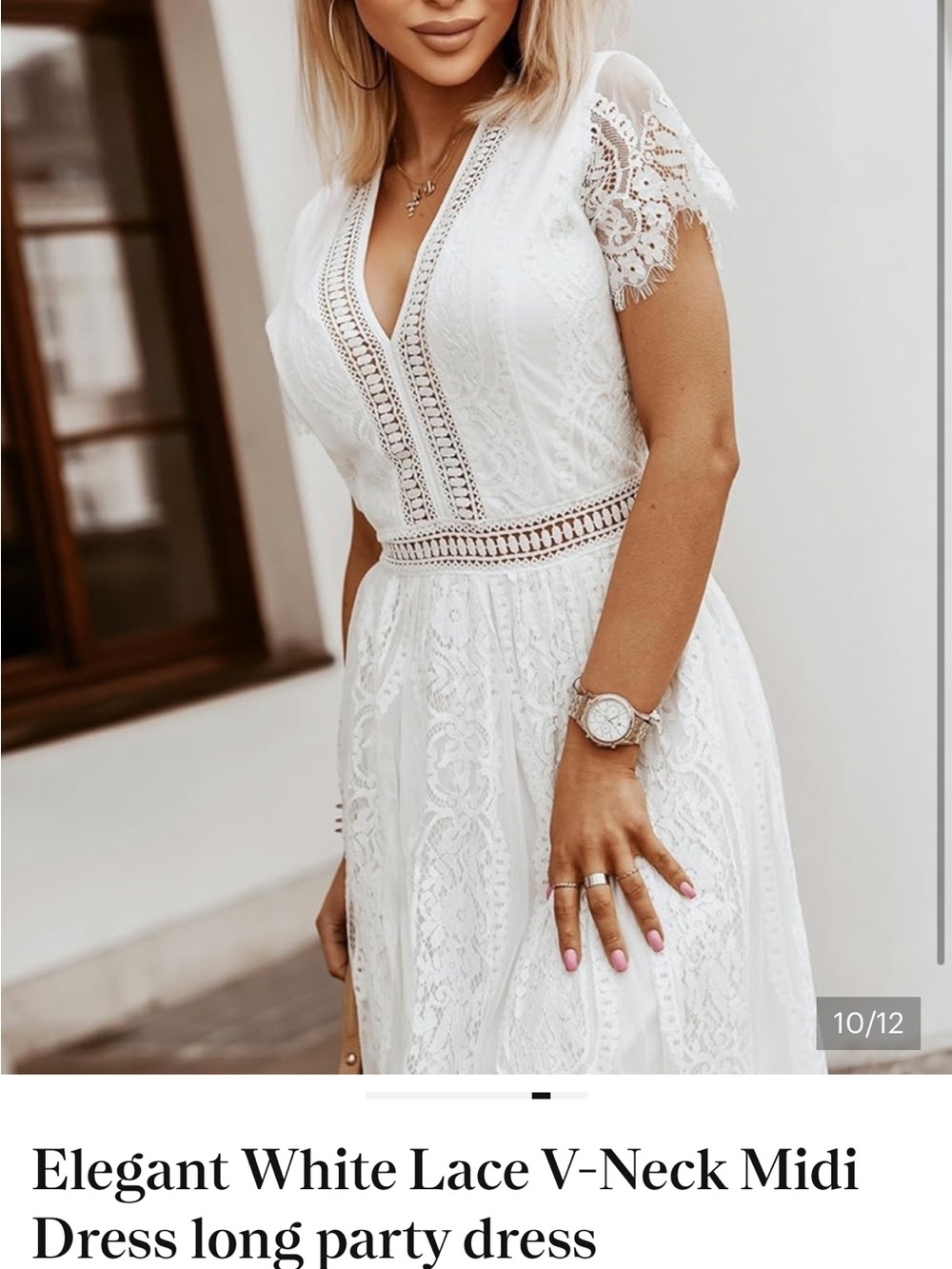 Elegant White Lace V-Neck Midi Dress size large
